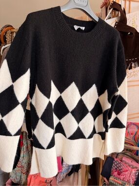 & Other Stories Black White Argyle Alpaca Wool Blend Oversized Sweater